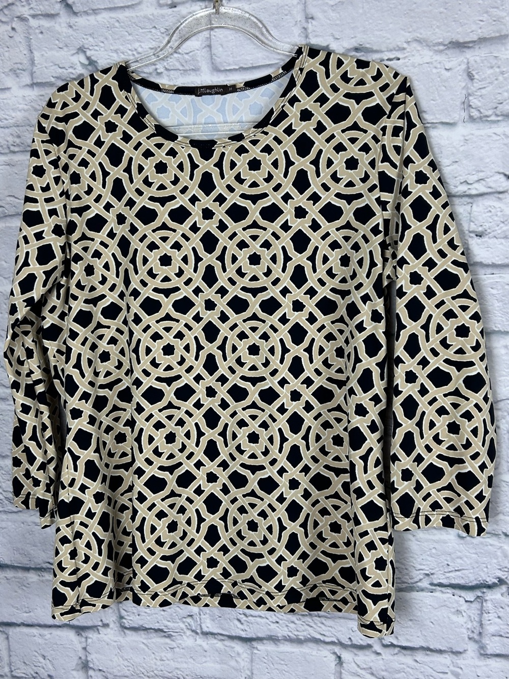 J McLaughlin Catalina Cloth Geometric Print Top Medium Black Tan 3/4 Sleeve
